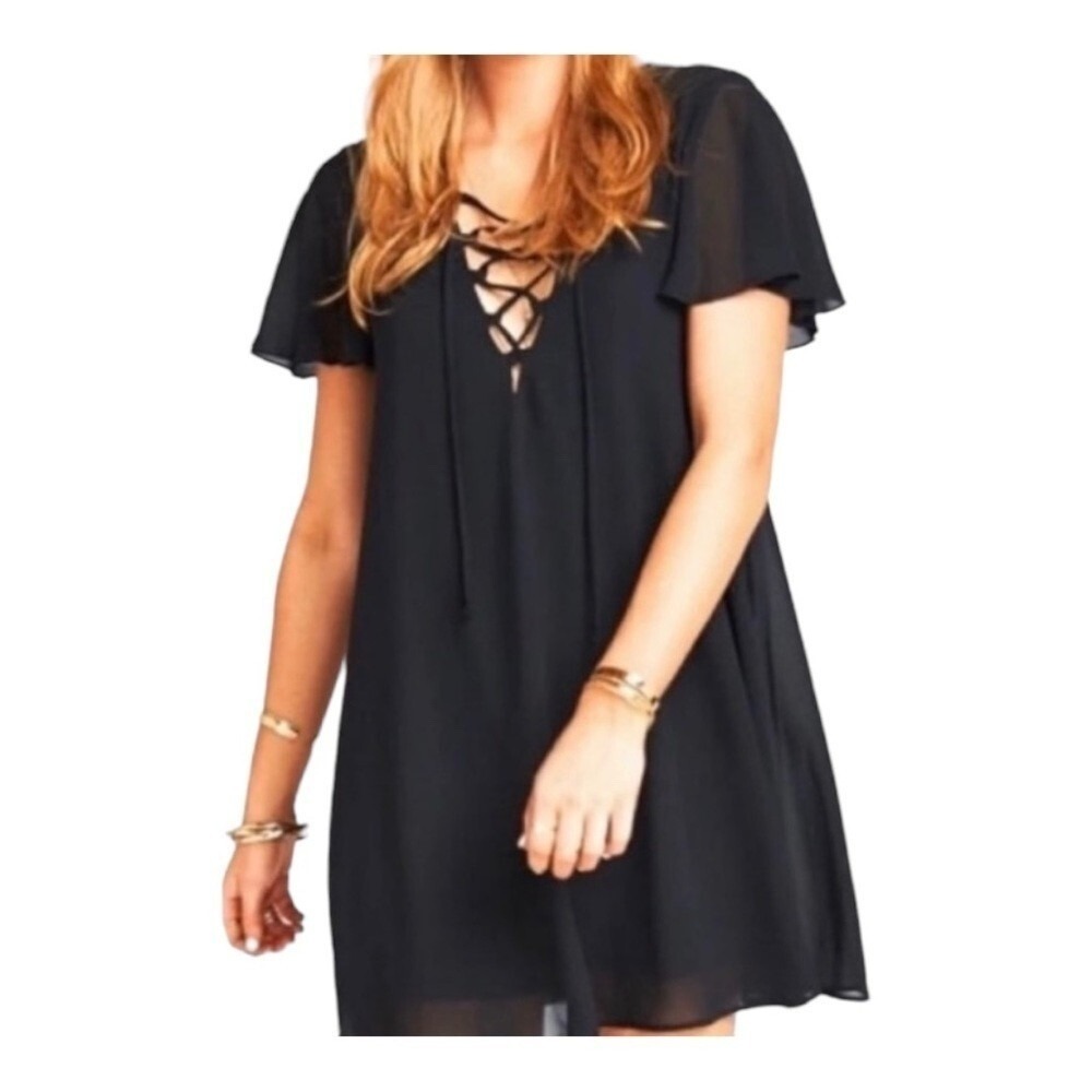 Show Me Your Mumu Mini‎ Dress Womens Small Black Lace Up Flutter Sleeve Boho LBD